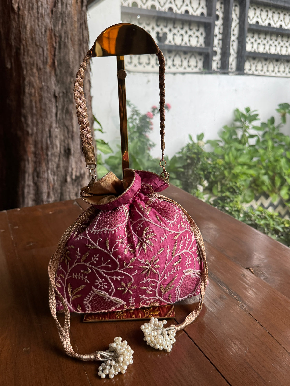 Plum Pink Silk Chikankari Ari & Kasab Work Potli Bag