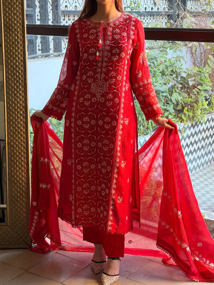 Red Mul Chanderi Mukaish Kamdani Chikankari Stitched Kurta Dupatta Set