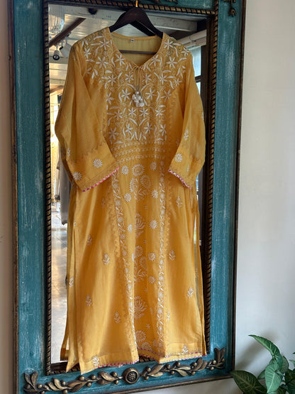 Mustard Yellow Shade Kota Applique Chikankari Kurta Dupatta Set