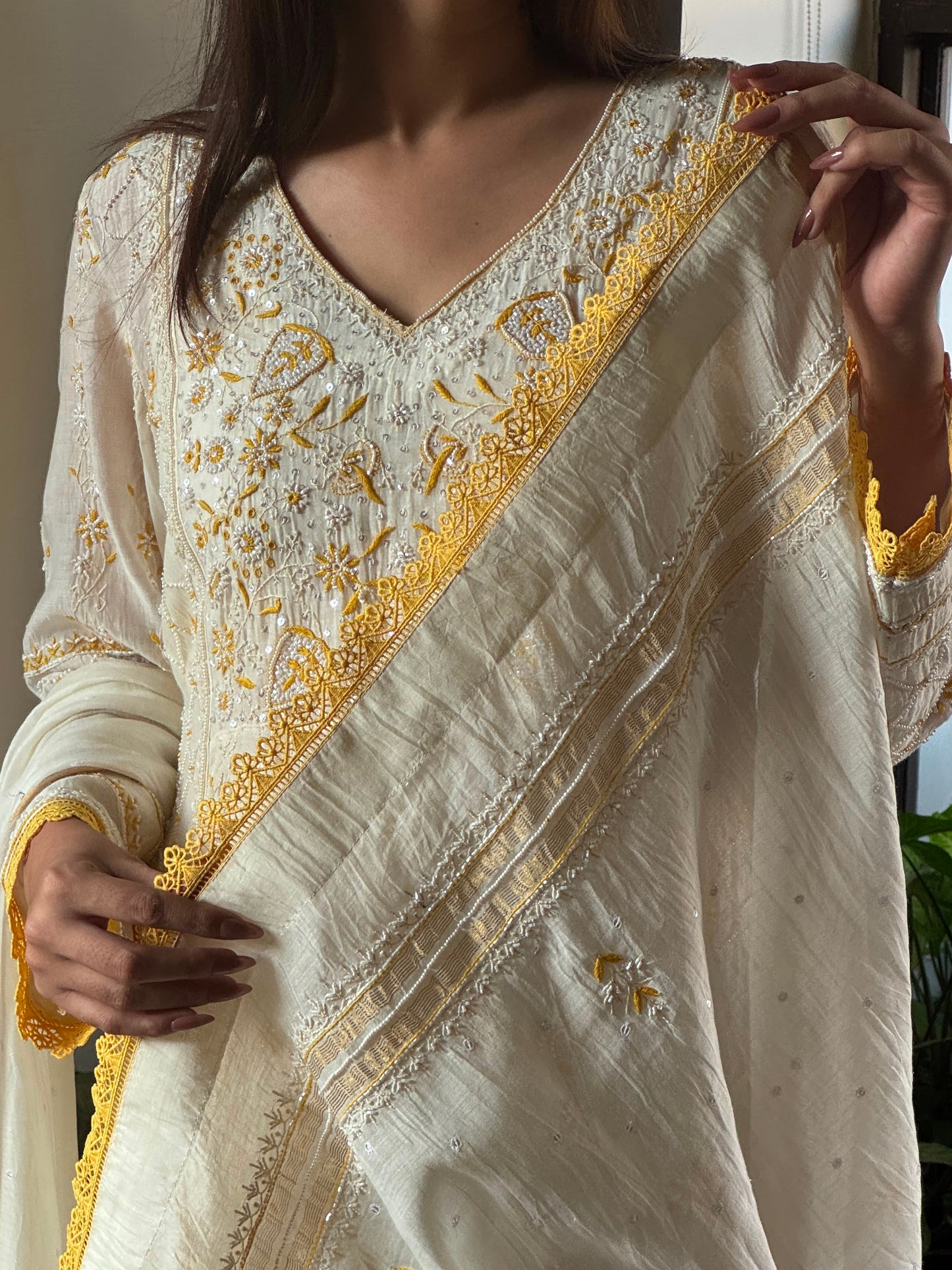 Off White & Yellow Malmal Pearl Work Chikankari Kalidar Kurta Set