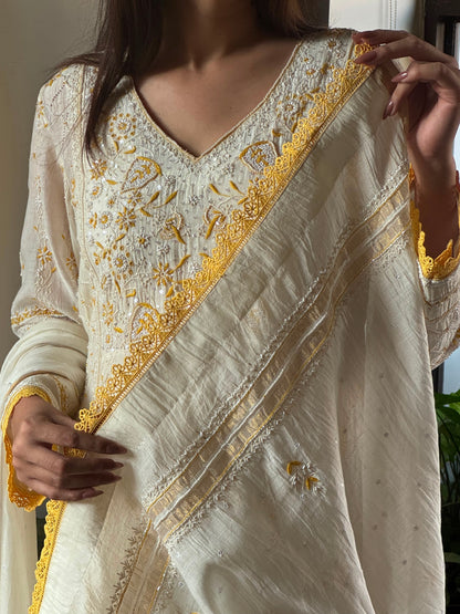 Off White & Yellow Malmal Pearl Work Chikankari Kalidar Kurta Set