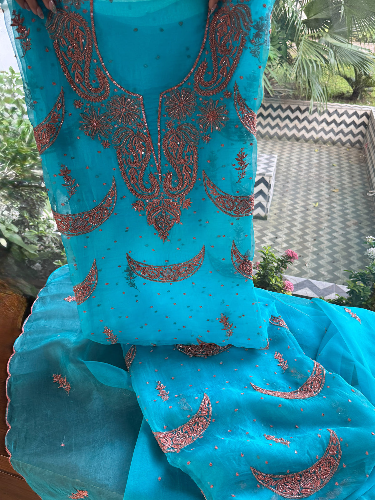 Peacock Blue Noor Organza Silk Chikankari Unstitched Kurta Dupatta Set