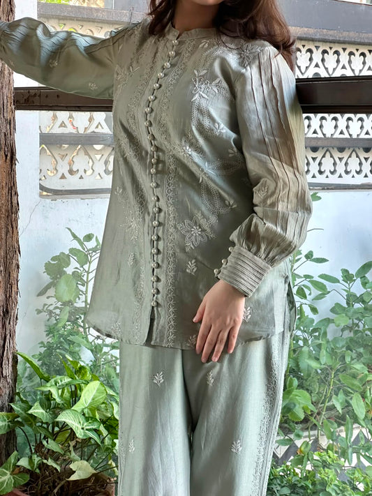 Cloudy Blue Chanderi Chikankari Co-Ord Set