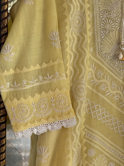 Yellow Shade Malmal Straight Cut Applique Chikankari Pearl & Sequins Kurta Set