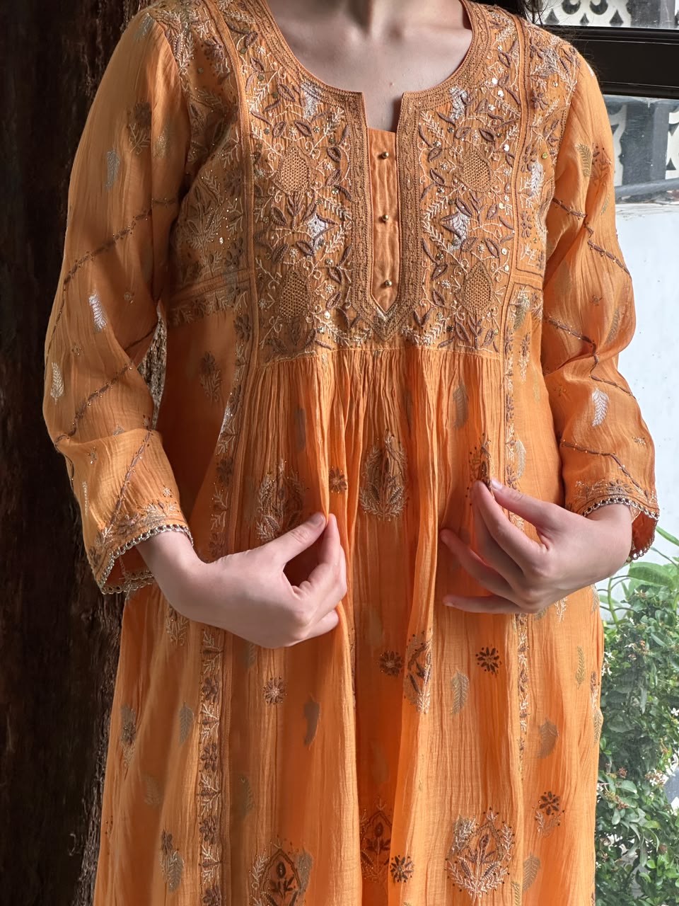 Orange Zari Chanderi Chikankari Ready to Wear Tunics