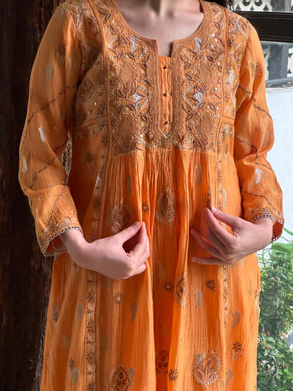 Orange Zari Chanderi Chikankari Ready to Wear Tunics