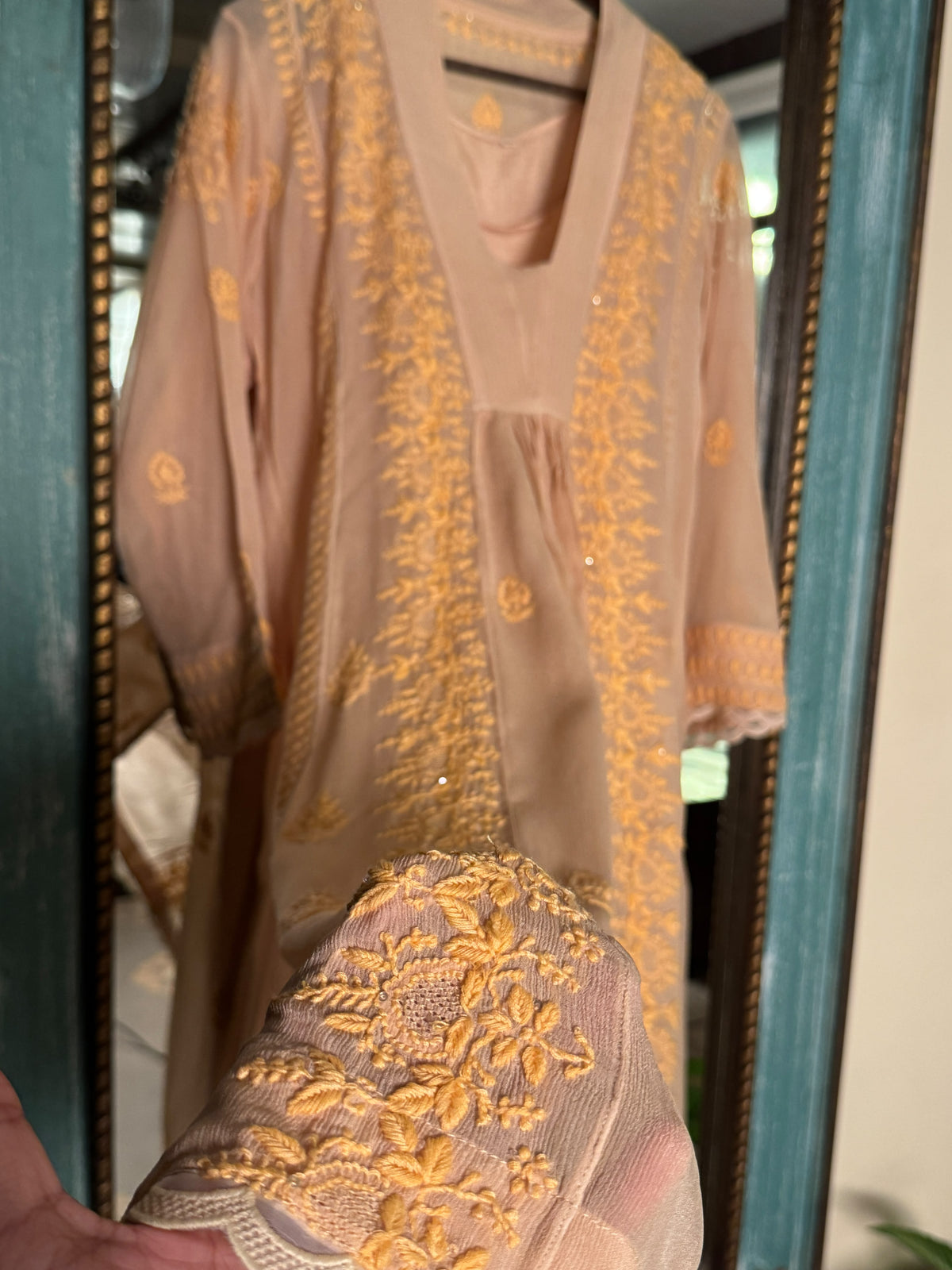 Peach Chiffon Chikankari Kurta with Lace Detailing