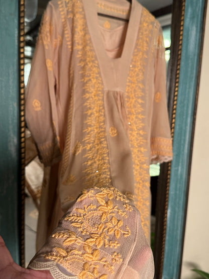 Peach Chiffon Chikankari Kurta with Lace Detailing