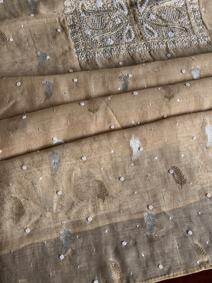 Beige Shade Banarasi Zari Chanderi Unstitched Chikankari Fabric