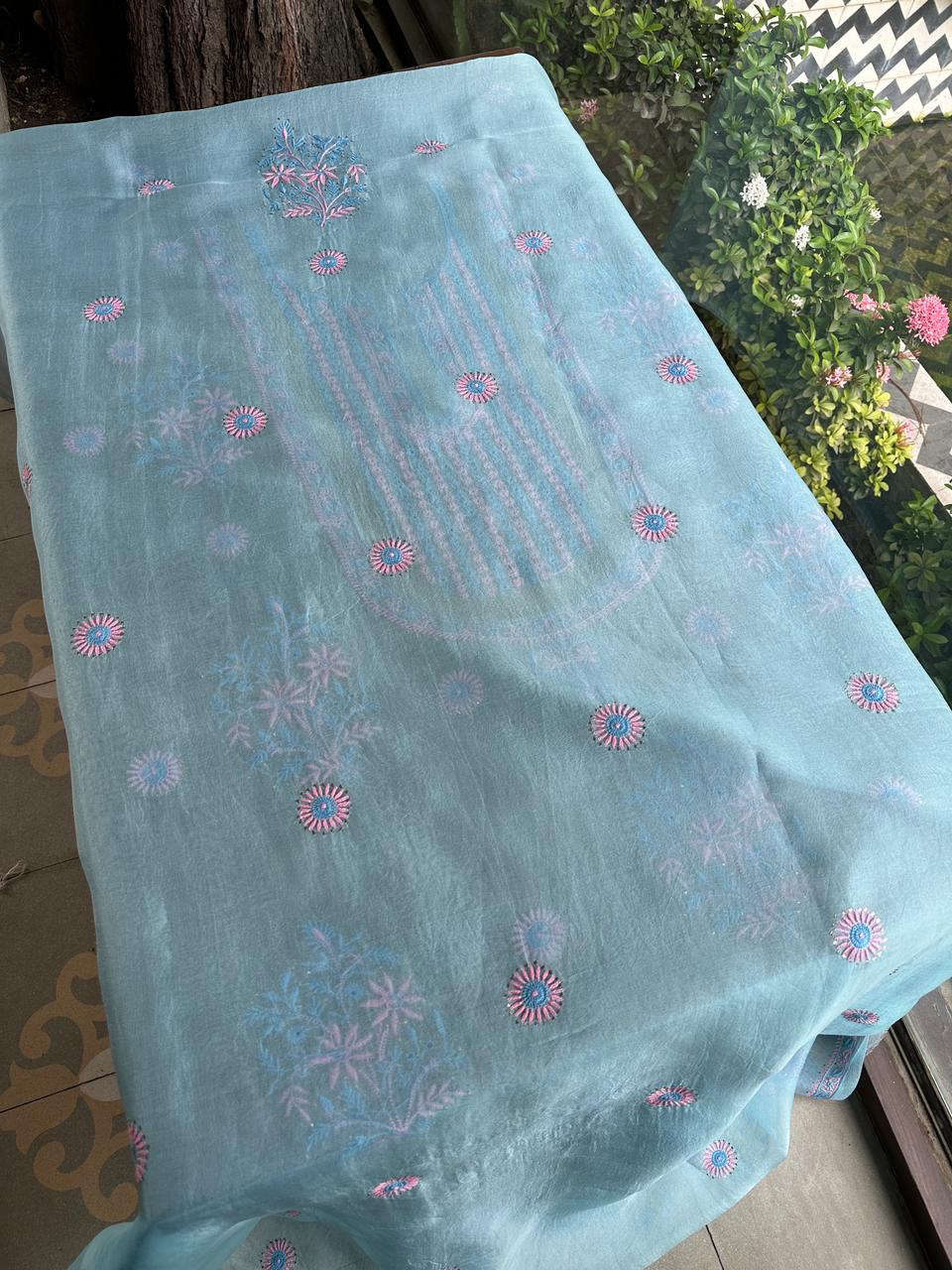 Blue Multi Shade Organza Silk Chikankari Unstitched Fabric