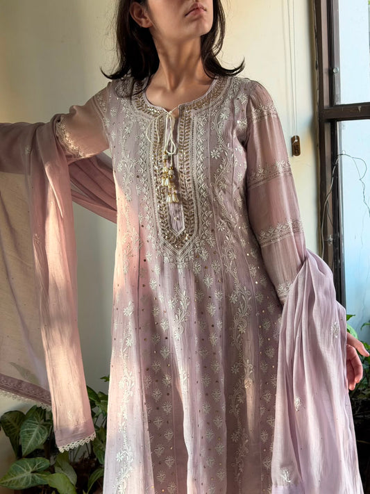 Lavender Mal Chanderi Mukaish Kamdani Chikankari Anarkali