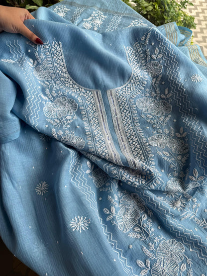 Blue Maheshwari Pearl Work Chikankari Unstitched Fabrics