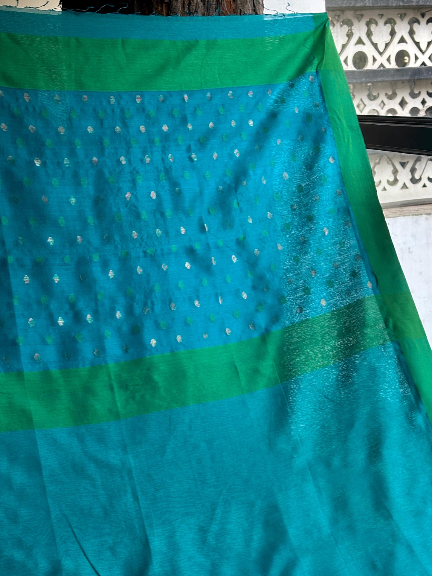 Blue Woven Butta Saree with Contrast Green Border