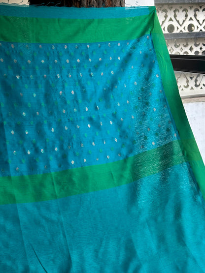 Blue Woven Butta Saree with Contrast Green Border