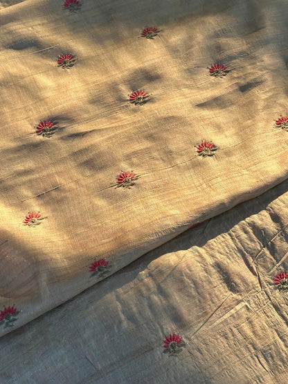 Natural Beige Shade Tussar Silk With Dual Thread Chikankari Fabric