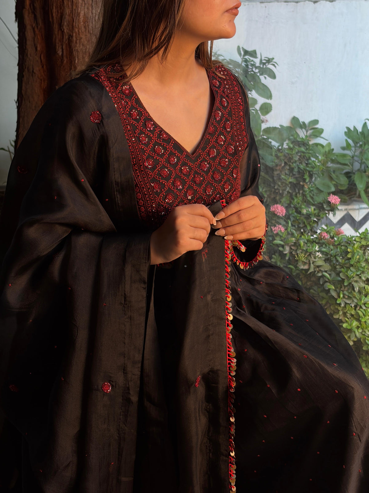 Black Sico (Silk Cotton) Chikankari Tux Kurta Set