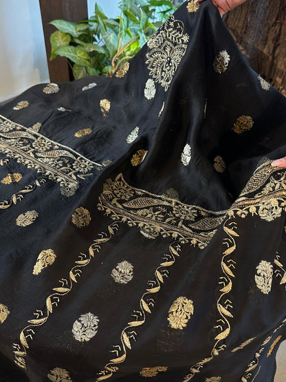 Black & Grey Banarasi Zari Chanderi Unstitched Chikankari Fabric