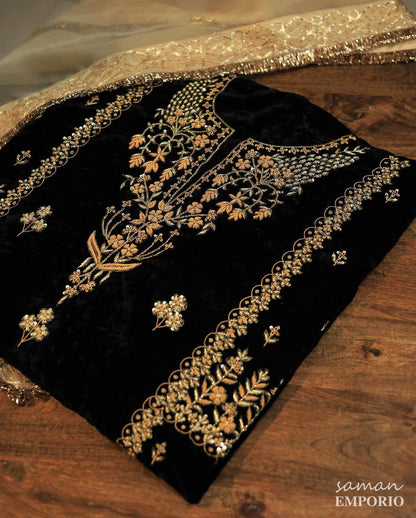 Jet Black Shade | Saman Velvet Ready To Wear Kurta Set