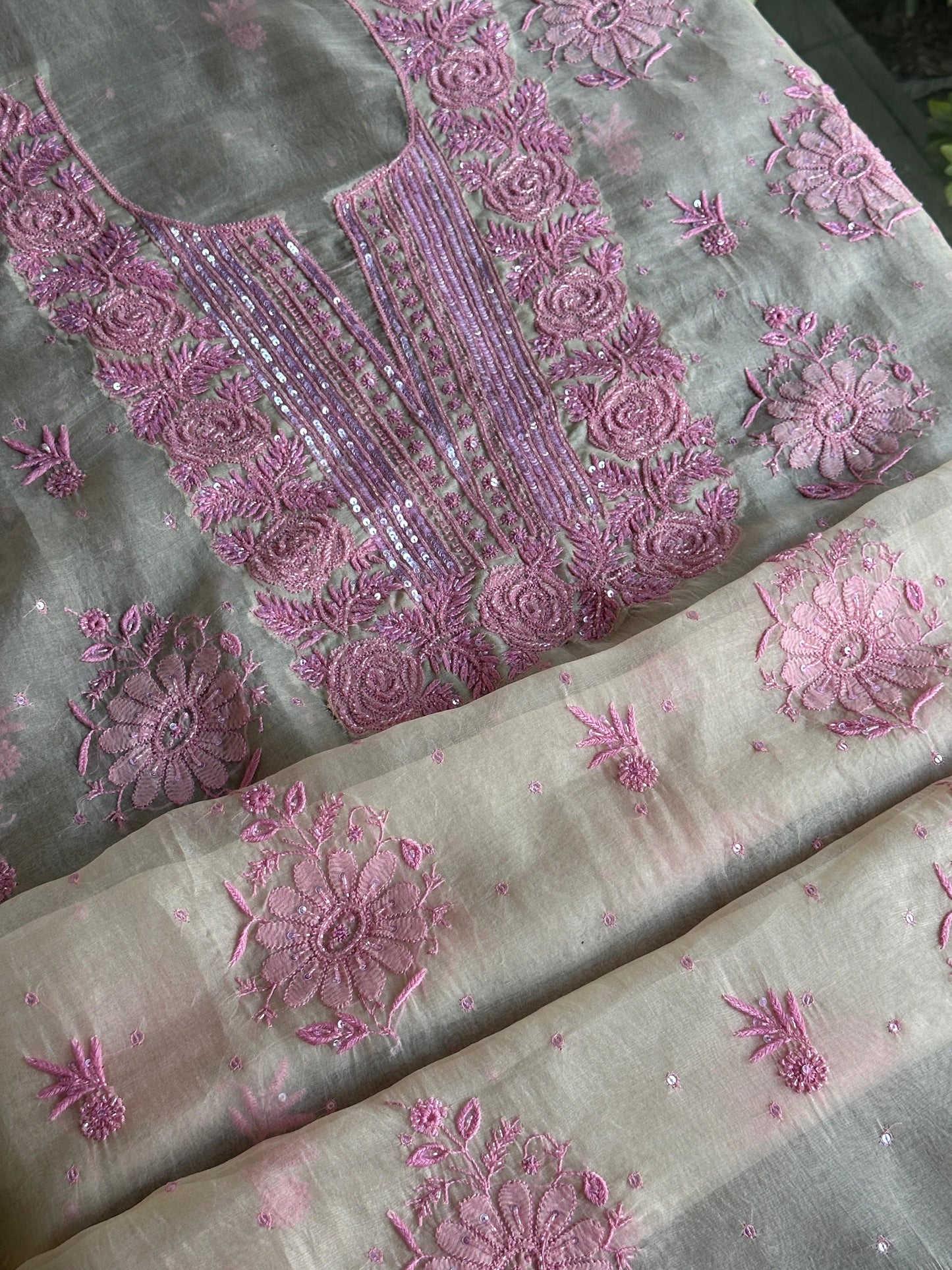 Ivory Shade Noor Organza Silk Chikankari Unstitched Kurta Dupatta Set