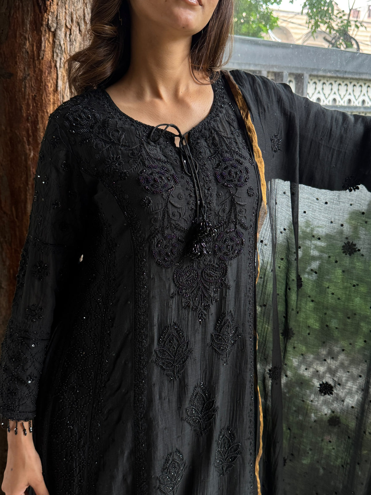Black Malmal Pearl Work Chikankari A Line Kalidar Kurta With Dupatta