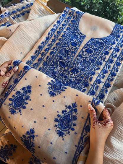 Beige & Blue Mal Chanderi Silk Chikankari With Sequins Unstitched Kurta Dupatta Set