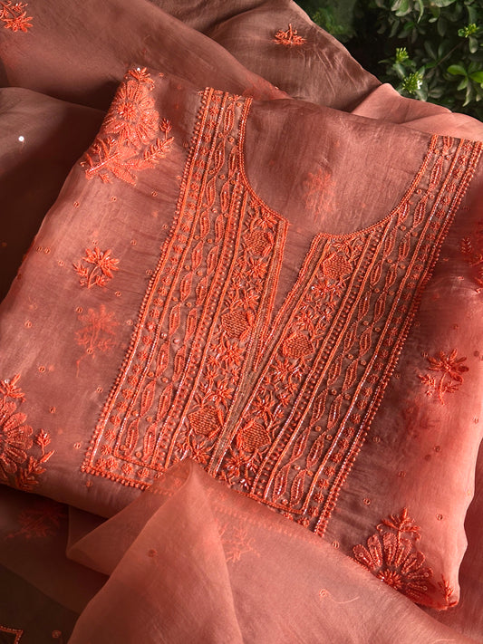 Peach Shade Noor Organza Silk Chikankari Unstitched Fabric