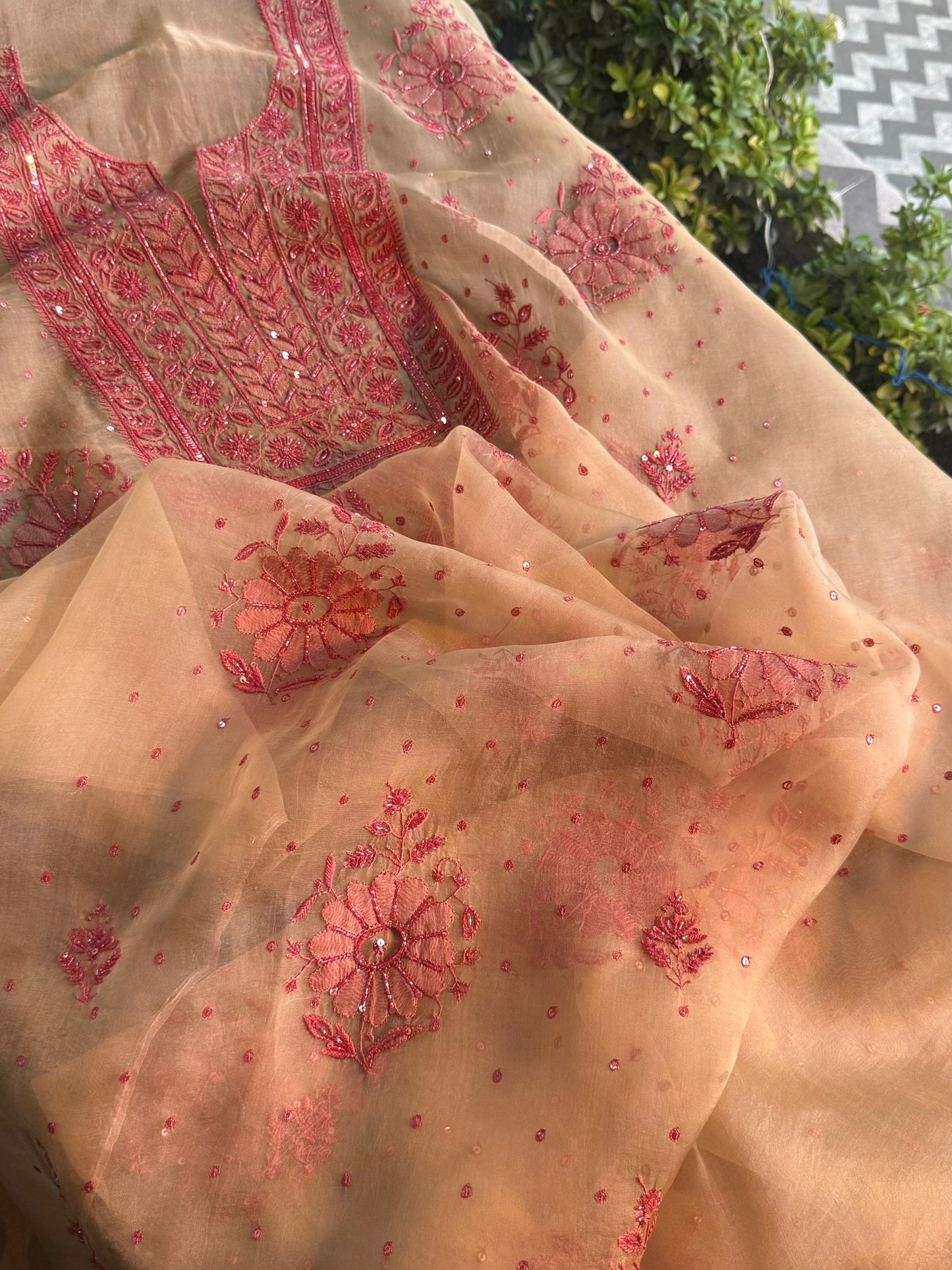 Beige Red Noor Organza Silk Chikankari Unstitched Kurta Dupatta Set