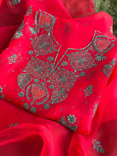 Watermelon Shade Noor Organza Silk Chikankari Unstitched Kurta Dupatta Set