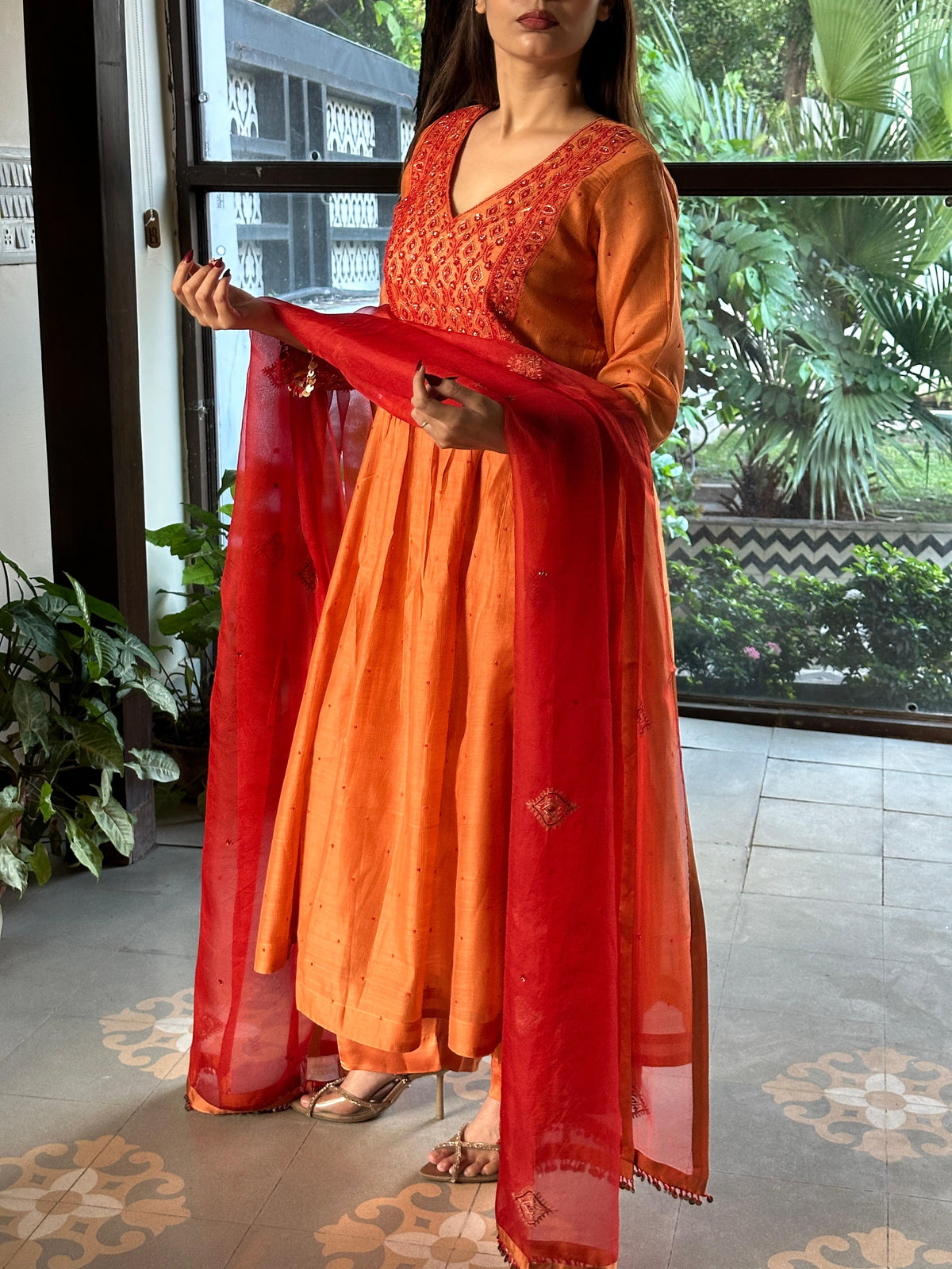 Rust Orange Sico (Silk Cotton) Chikankari Tux Kurta Set