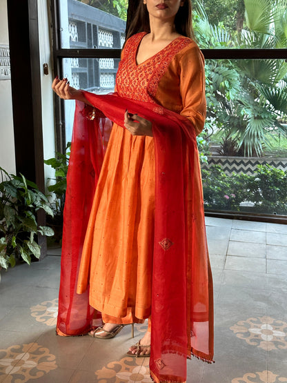 Rust Orange Sico (Silk Cotton) Chikankari Tux Kurta Set