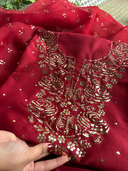 Berry Red Chanderi Silk Mukaish Badla Unstitched Fabrics