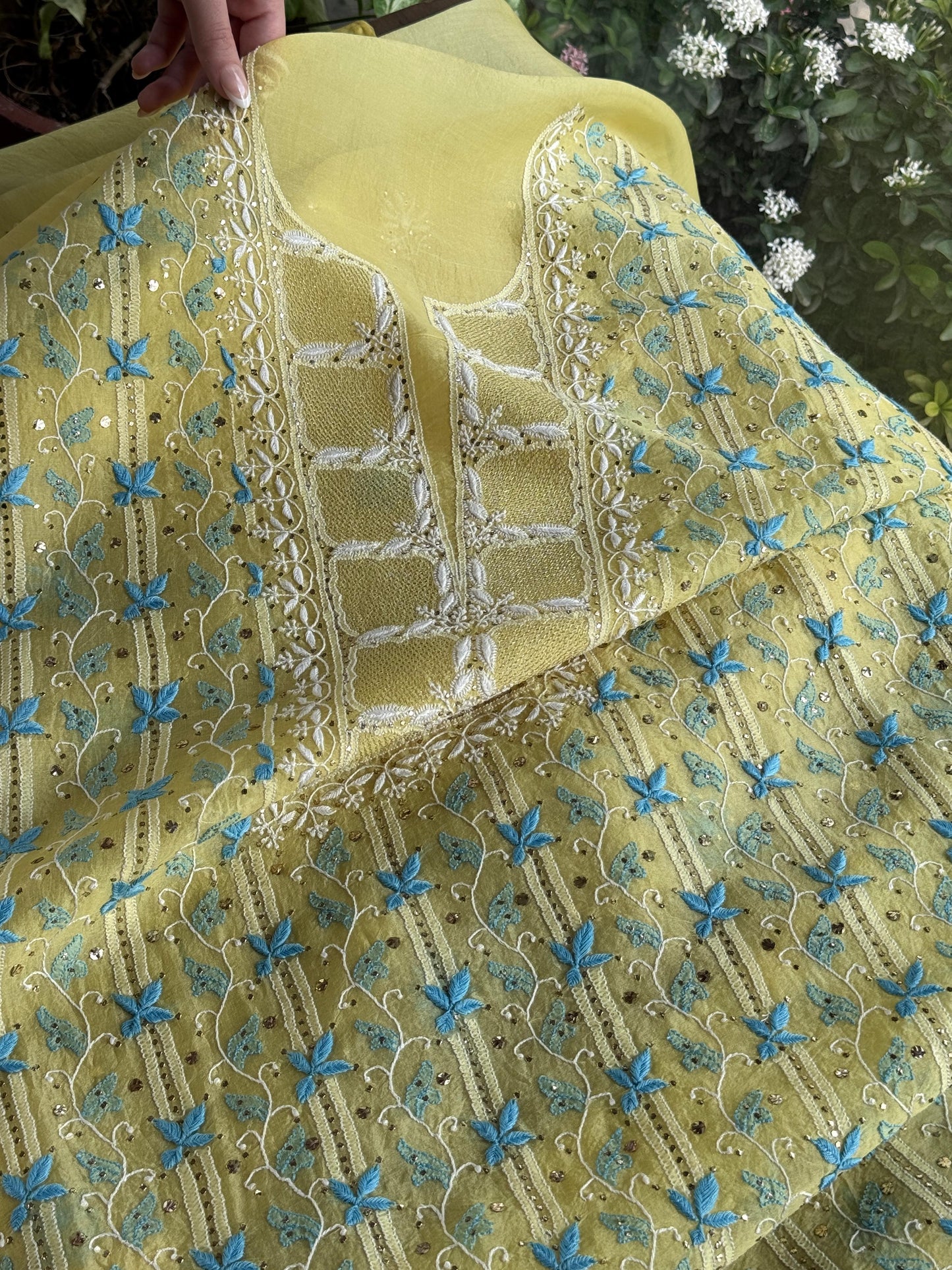 Lemon Yellow & Aqua Noor Organza Silk Chikankari With Kamdani Fabric
