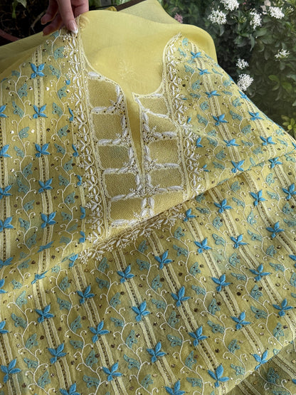 Lemon Yellow & Aqua Noor Organza Silk Chikankari With Kamdani Fabric