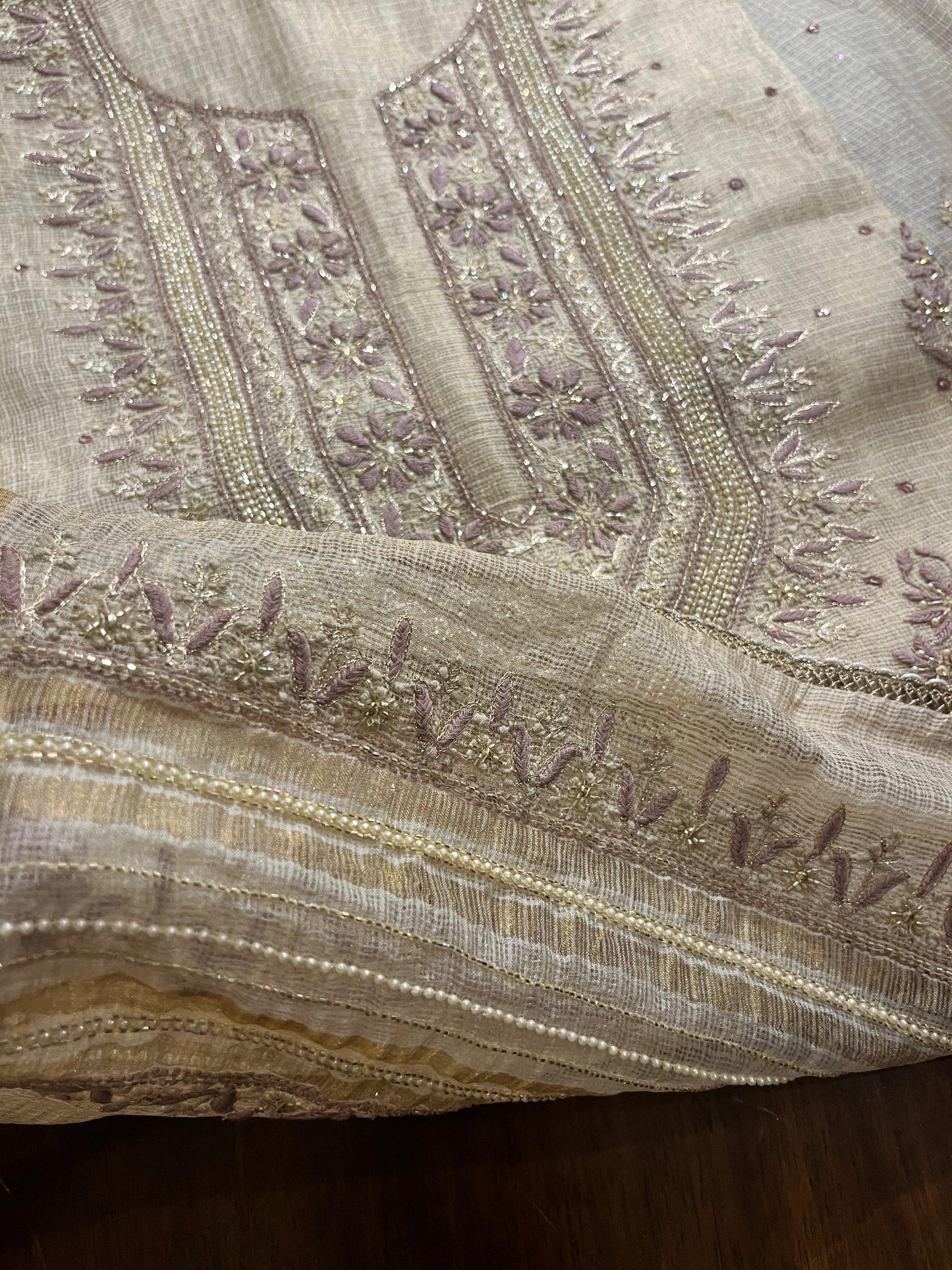 Beige Mauve Tissue Kota Chikankari Unstitched Fabric