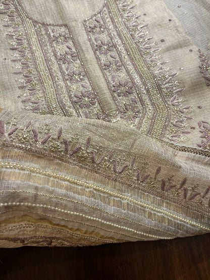 Beige Mauve Tissue Kota Chikankari Unstitched Fabric