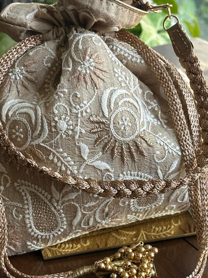 Natural Beige Raw Silk Chikankari Polti Bag