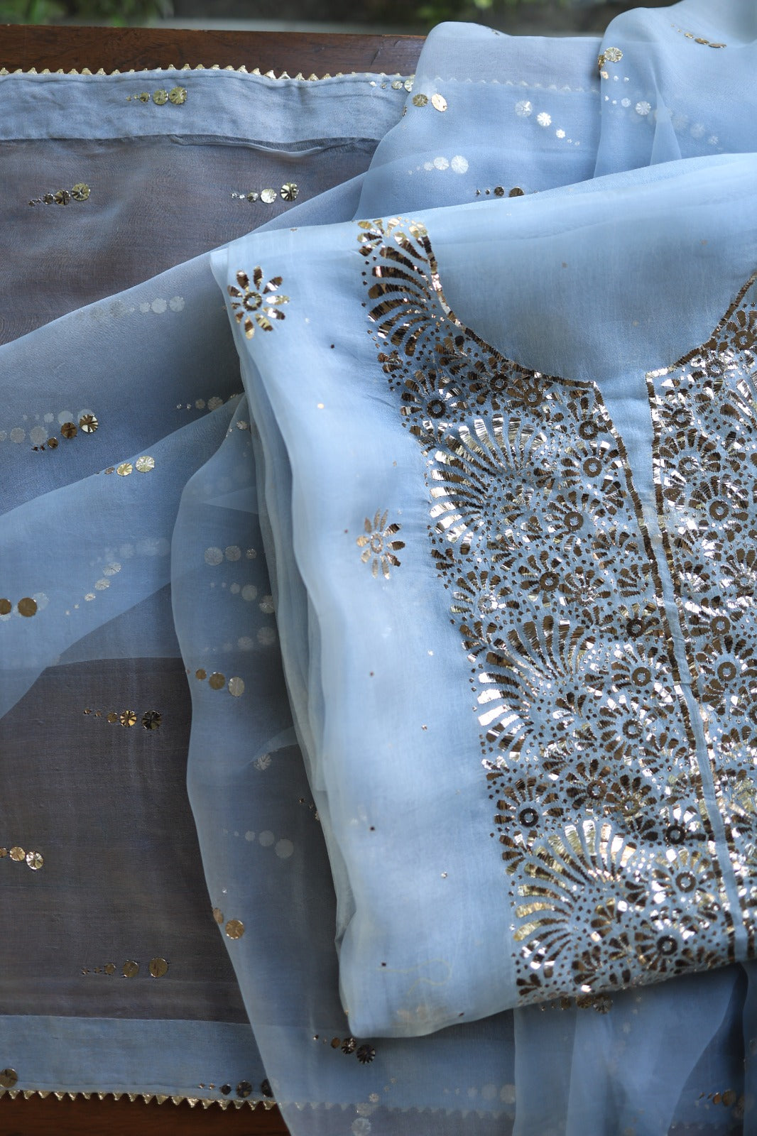 Powder Blue Shade Noor Organza Silk Badla Unstitched Kurta Dupatta Set