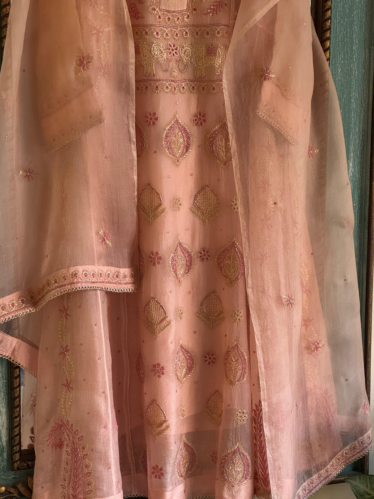 Pearl Peach Shade Noor Organza Chikankari A Line Kurta With Dupatta