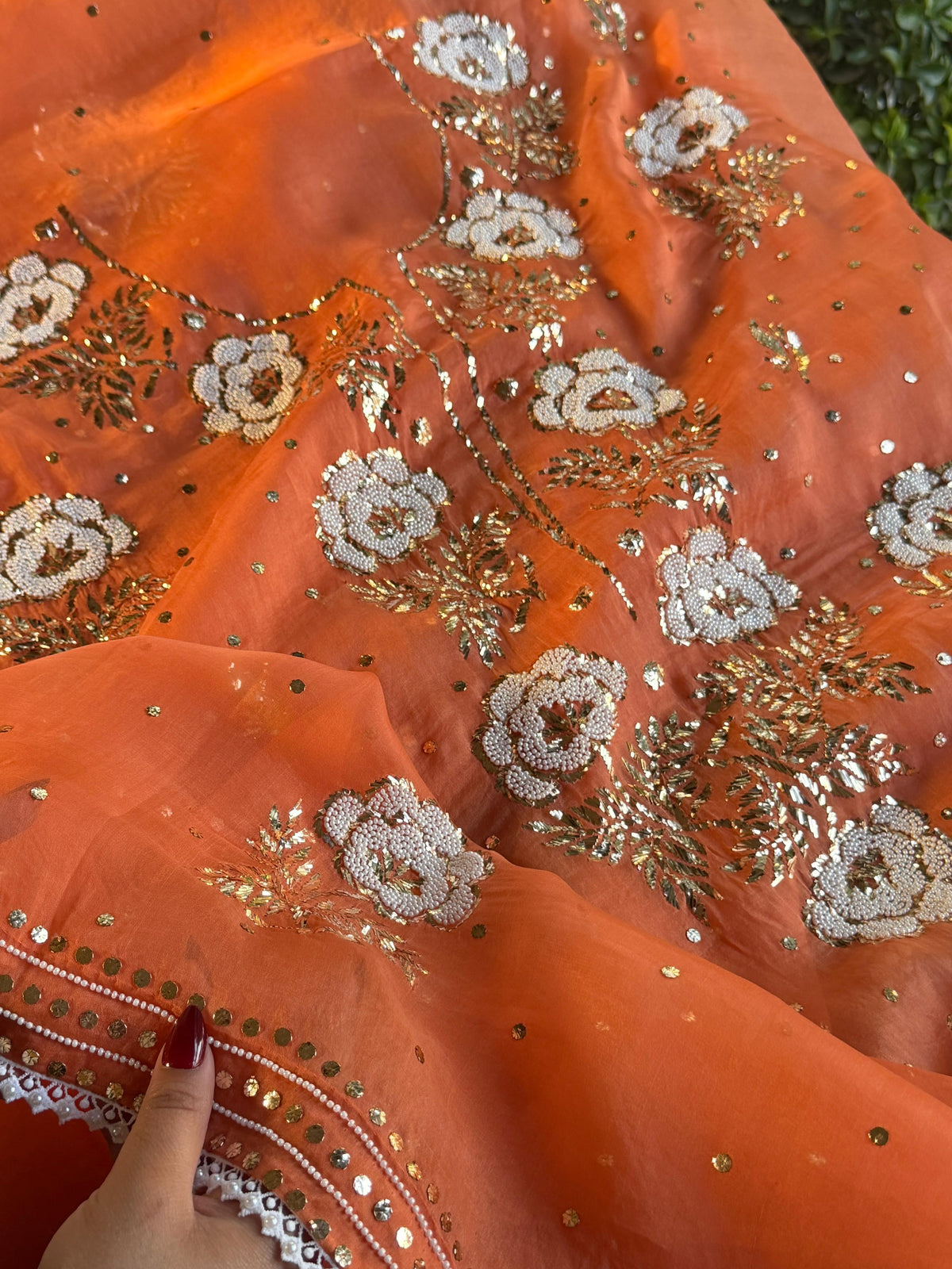 Orange Noor Organza Silk Mukaish Pearl Chikankari Unstitched Fabric