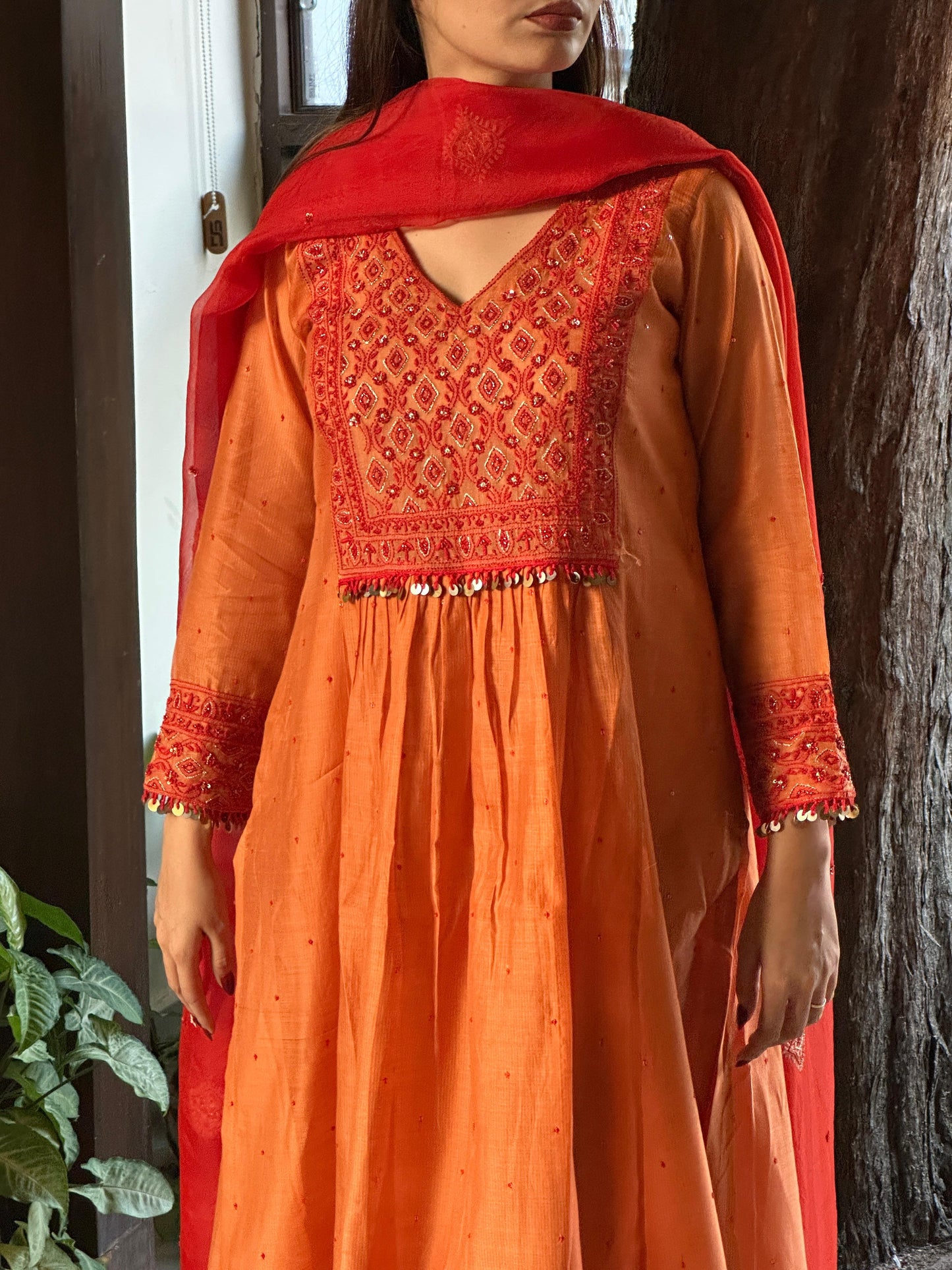 Rust Orange Sico (Silk Cotton) Chikankari Tux Kurta Set