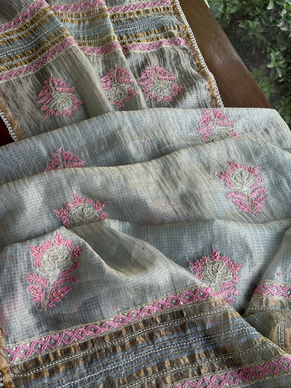 Smokey Grey Shade Tissue Kota Chikankari Unstitched Fabric