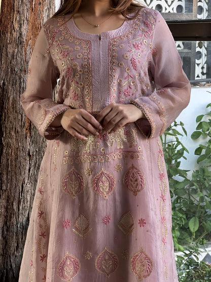 Mauve Pink Shade Noor Organza Chikankari A Line Kurta With Dupatta