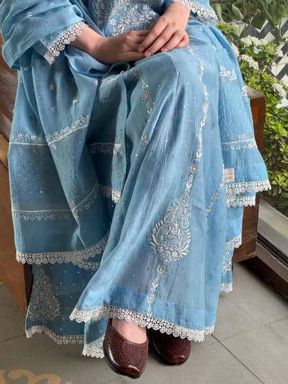 Powder Blue Shade Malmal Pearl Work Chikankari Anarkali