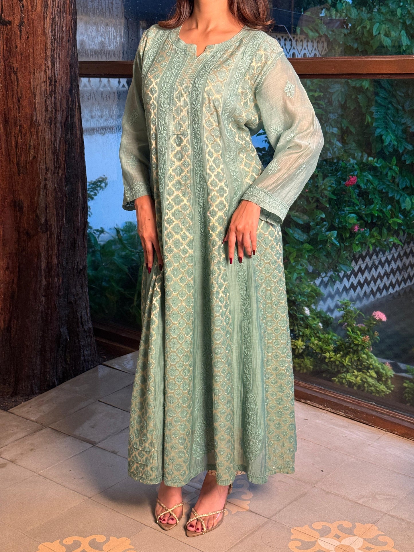 Sea Green Zari Chanderi Chikankari A Line Kurta with Slip