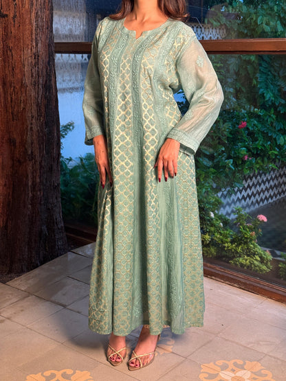 Sea Green Zari Chanderi Chikankari A Line Kurta with Slip