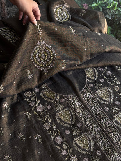 Goldish Black Shade Tissue Silk Chikankari Unstitched Fabric