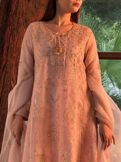 Dusty Peach Shade Noor Organza Chikankari Anarkali