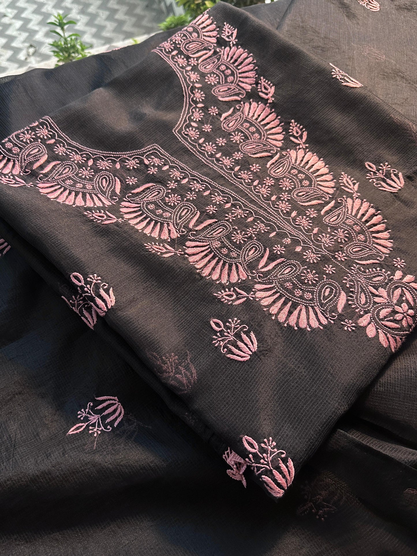 Black & Pink Kota Chikankari Unstitched Fabric