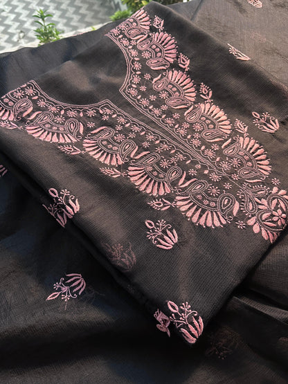 Black & Pink Kota Chikankari Unstitched Fabric