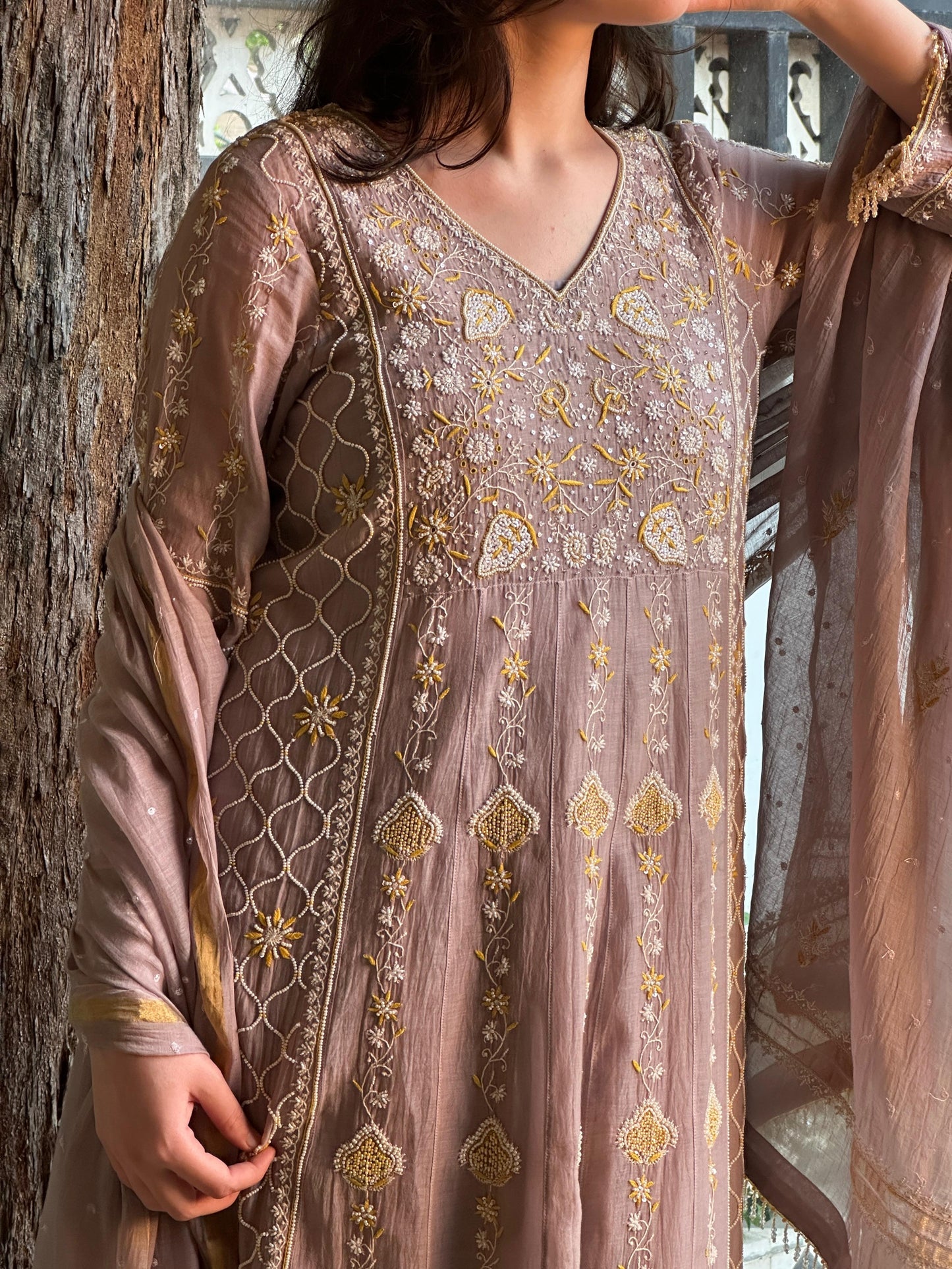Mauve Shade Malmal Pearl Work Chikankari Kalidar Kurta Set